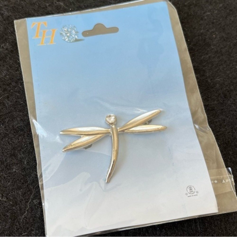 Silver Dragonfly Brooch Pin with Rhinestone Accent